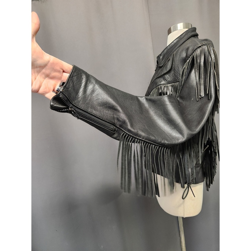 Vintage 90s Wilsons Leather Jacket Black Fringe Rose Floral Western Biker‎ Large - Picture 4 of 8